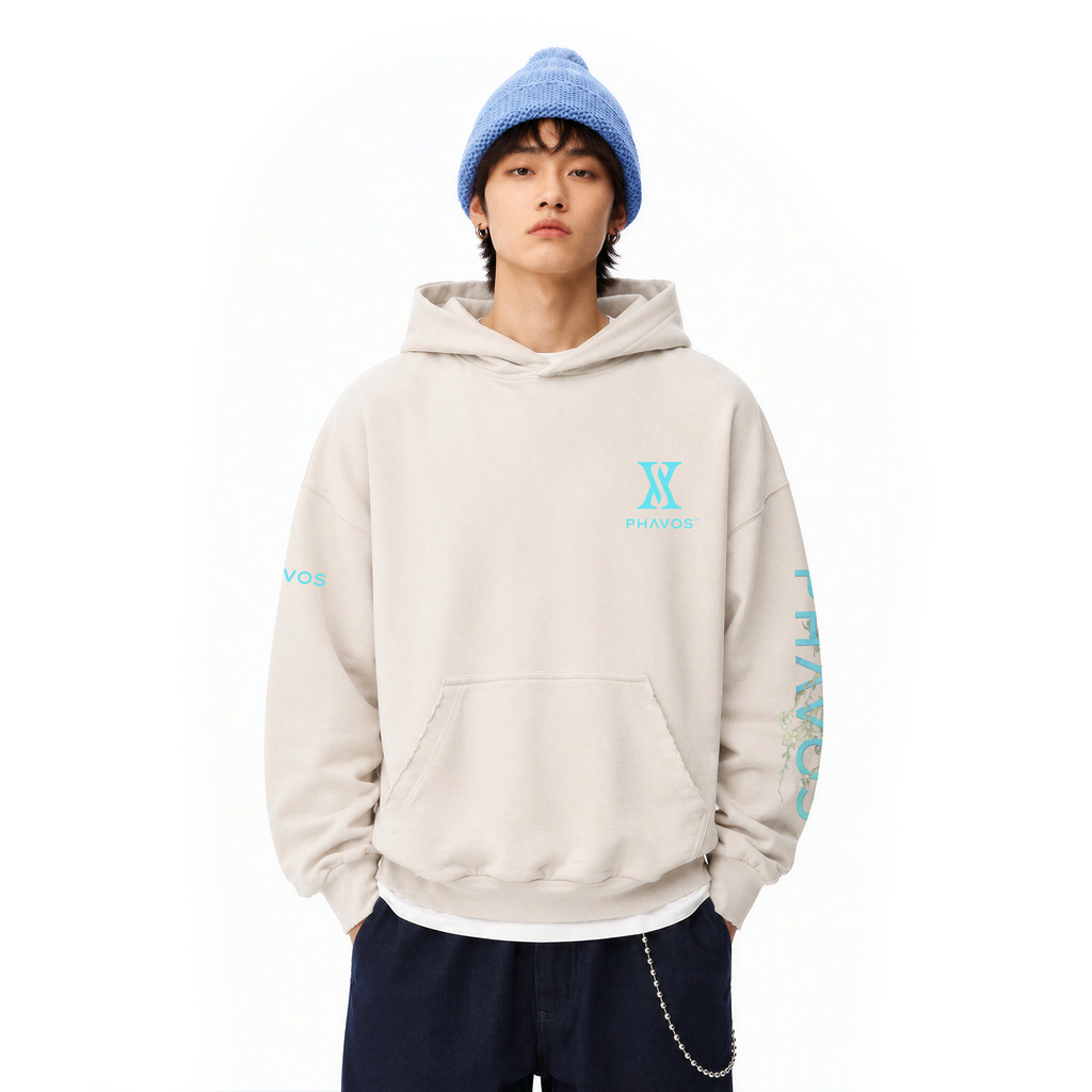 Model wearing Almond Bloom hoodie — front view
