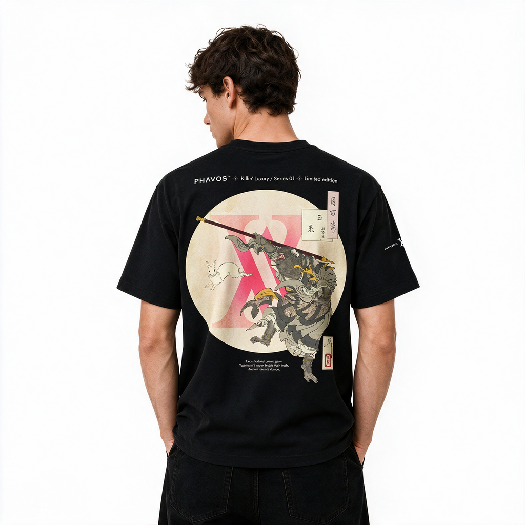 Model wearing Jade Rabbit T-shirt — back view