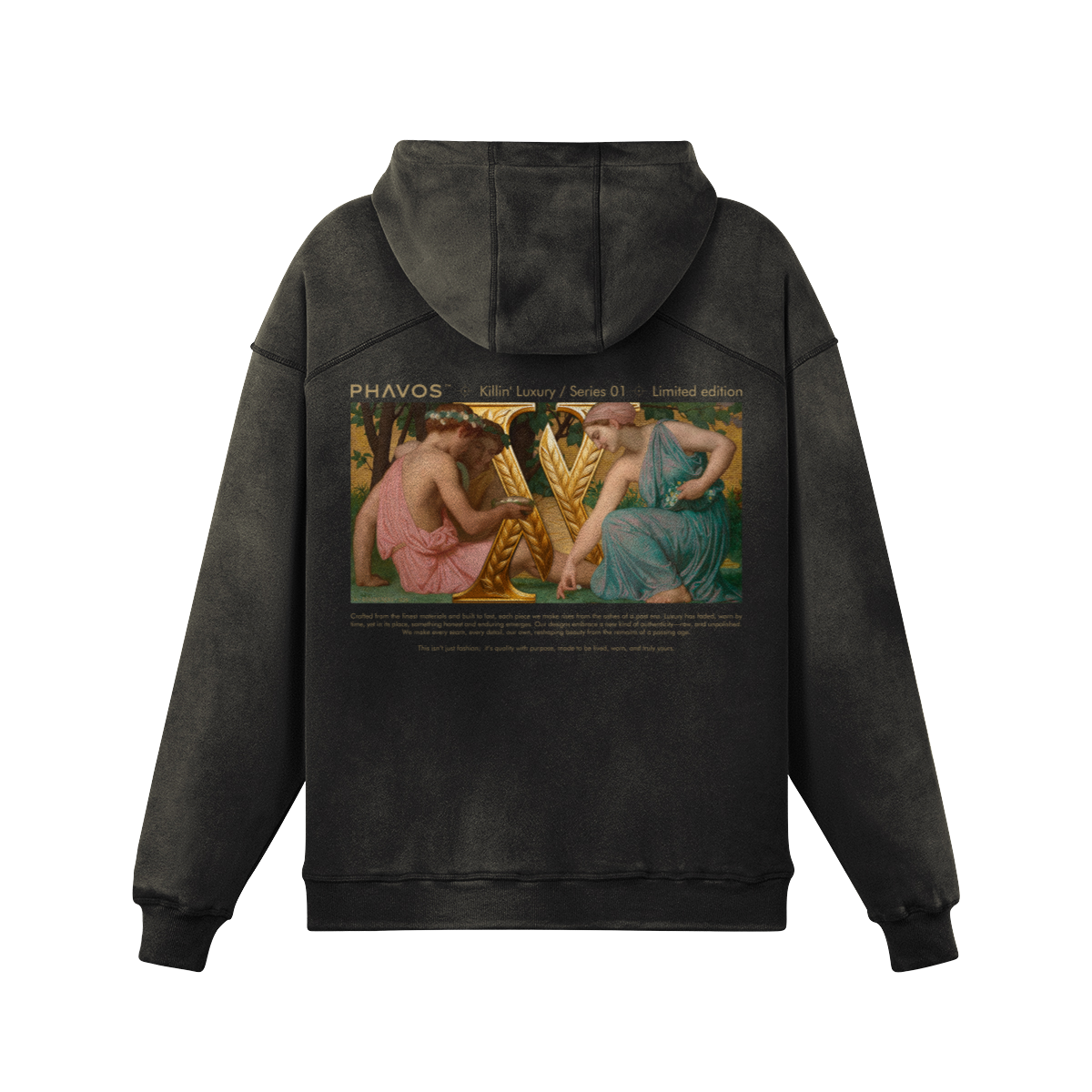 PHAVOS™ luxury streetwear hoodie shot against neutral backdrop with sculptural lighting.