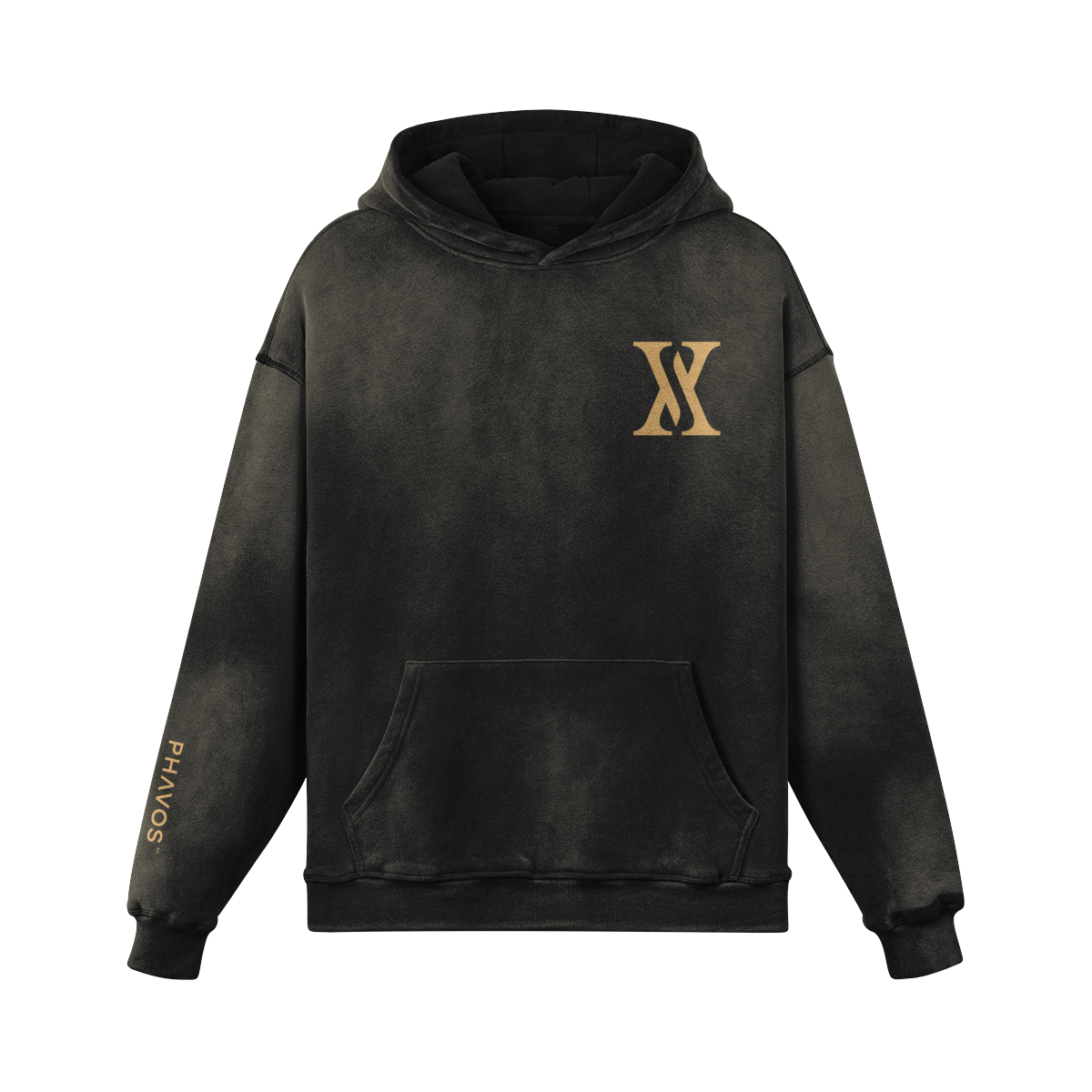 Luxury streetwear hoodie displayed flat, showcasing shape and handcrafted details.
